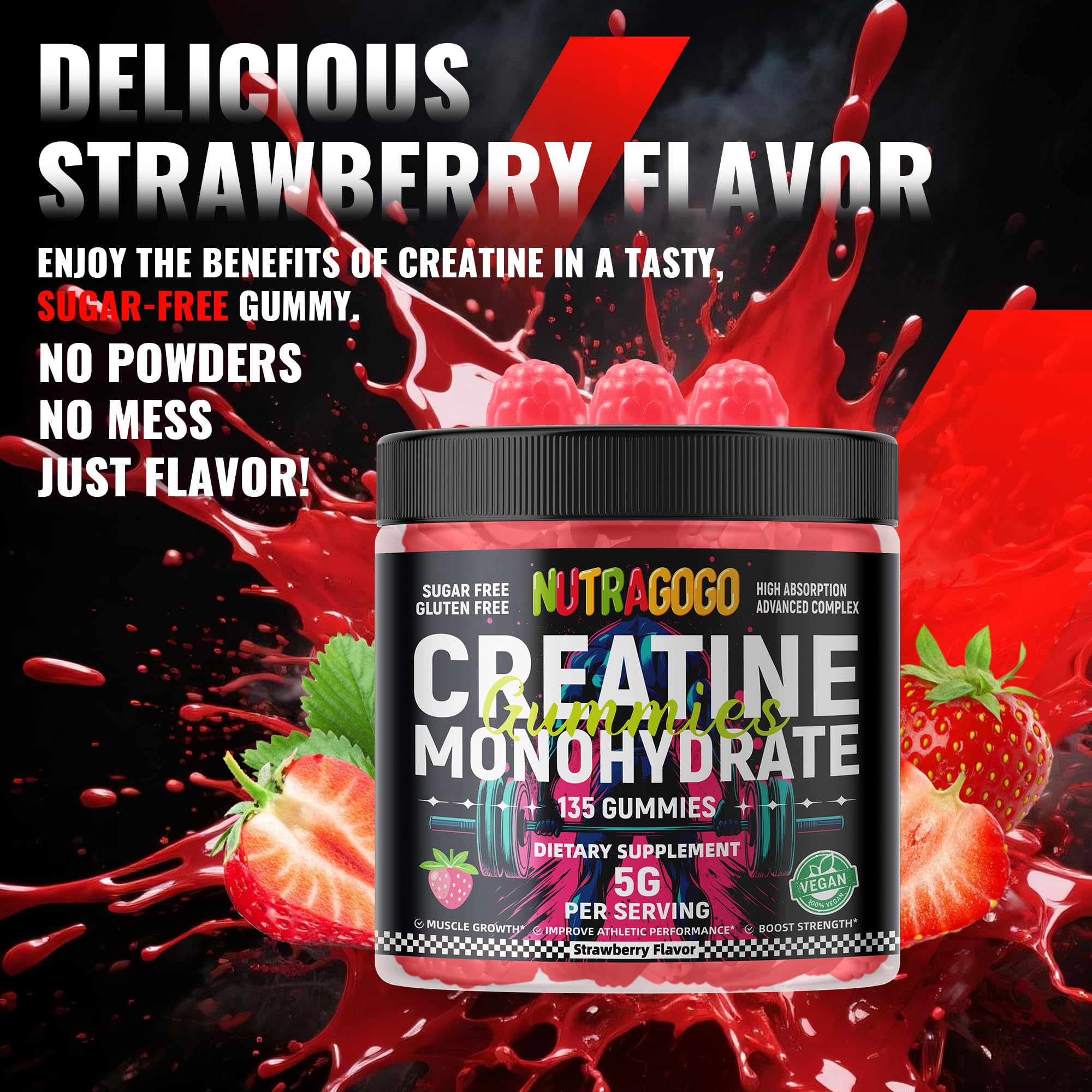 NUTRAGOGO Creatine Monohydrate Gummies – 5g/Serving, Sugar Free, Vegan, 135 Count