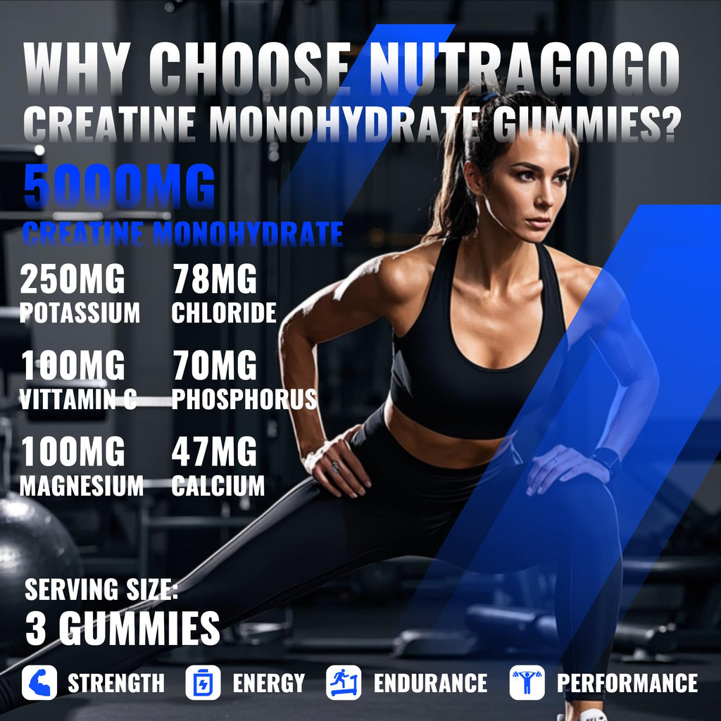 NUTRAGOGO Creatine Monohydrate Gummies – 5g/Serving, Sugar Free, Vegan, Blueberry Electrolyte