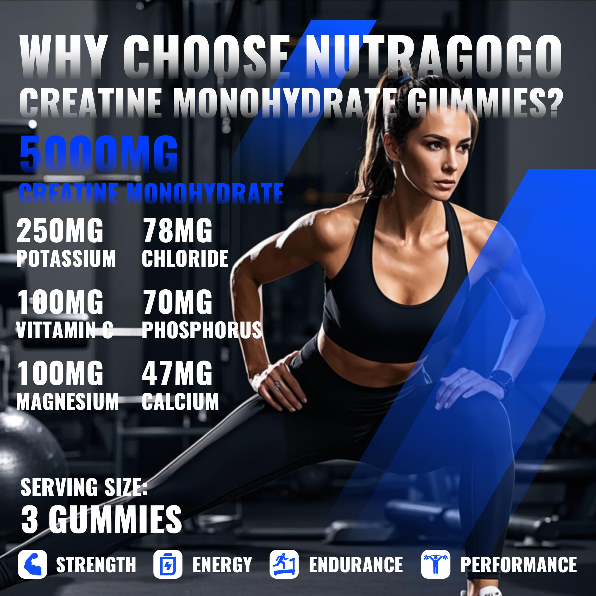 NUTRAGOGO Creatine Monohydrate Gummies – 5g/Serving, Sugar Free, Vegan, Blueberry Electrolyte