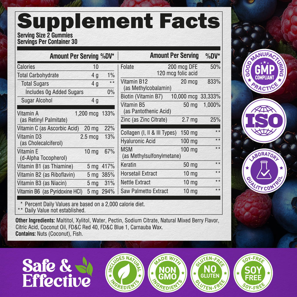 Biotin Gummies with Collagen - Hair, Skin & Nails | Sugar-Free, Mixed Berry, Pack of 2
