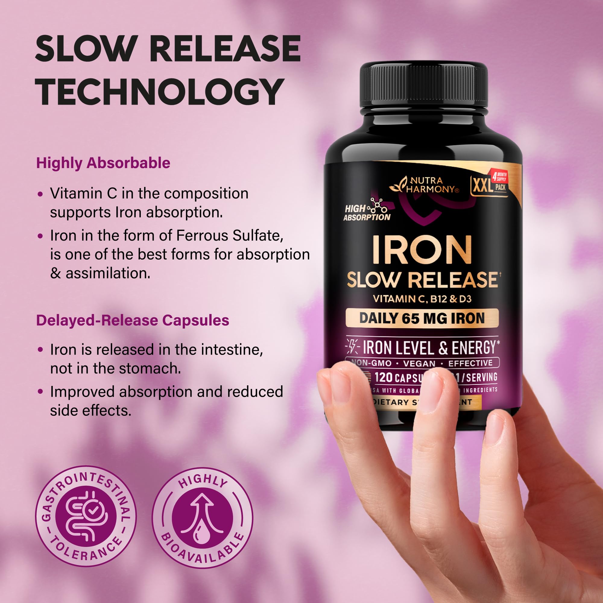 Iron 65mg Slow Release Supplement for Women | NutraHarmony 120 Capsules