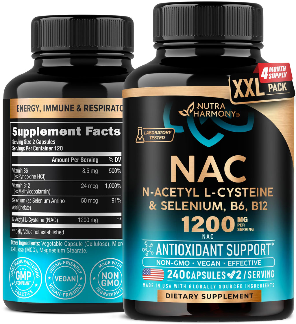NAC Supplement with Selenium, B6 & B12 – 600 mg NAC per Capsule, 1200 mg per Serving | 240 Caps (4 Month Supply) – Made in USA
