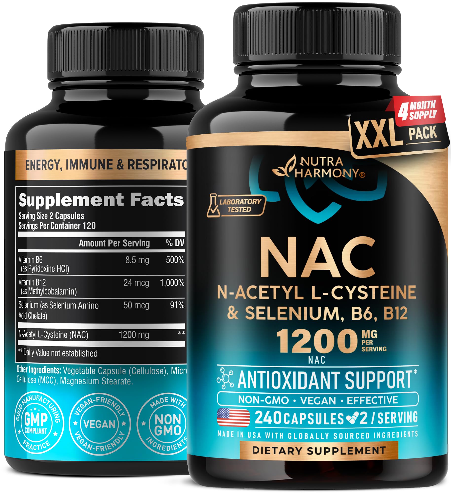 NAC Supplement with Selenium, B6 & B12 – 600 mg NAC per Capsule, 1200 mg per Serving | 240 Caps (4 Month Supply) – Made in USA