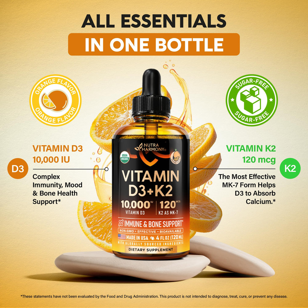 Vitamin D3 K2 USDA Organic Drops – 10,000 IU D3 + 120 mcg MK-7
