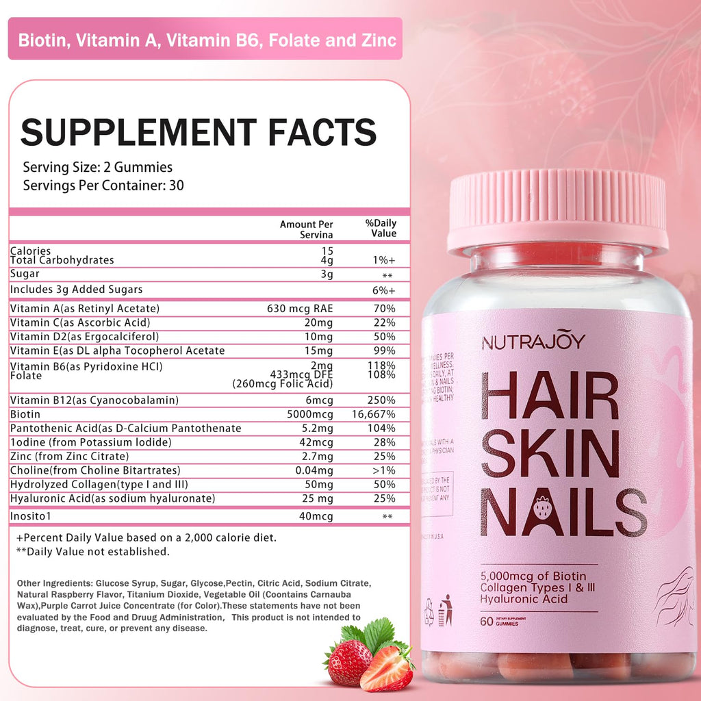 NUTRAJOY Biotin Gummies 5000 mcg – Hair Skin & Nails, Strawberry, 30 Gummies