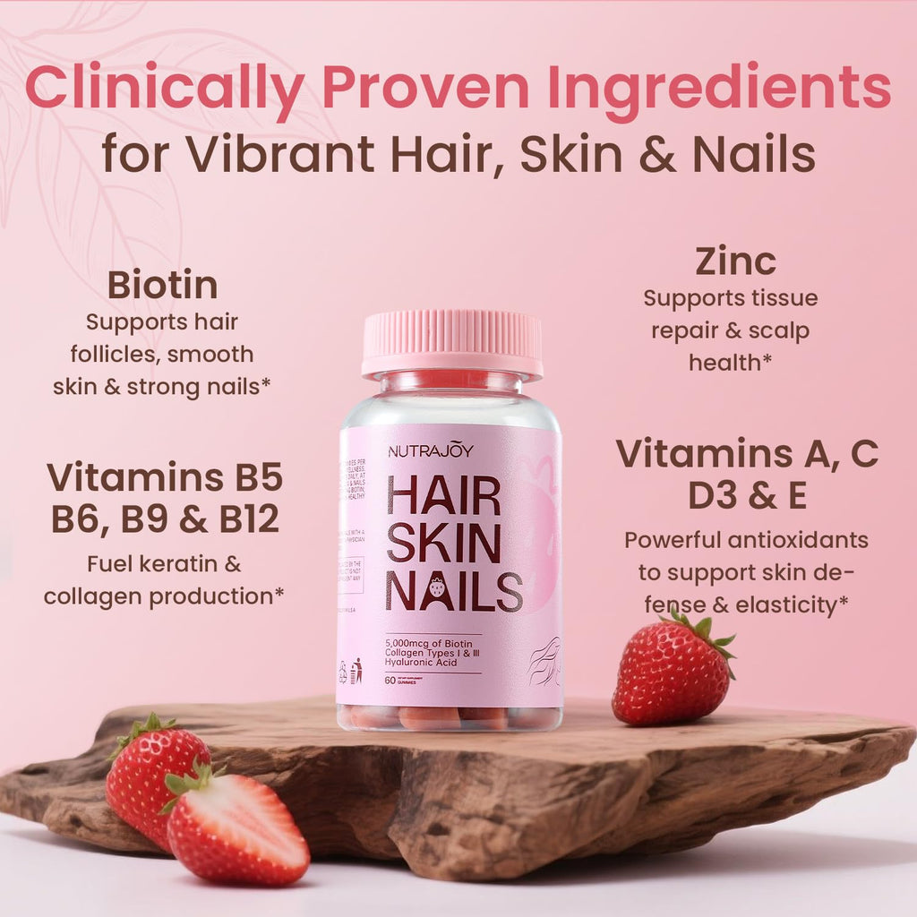 NUTRAJOY Biotin Gummies 5000 mcg – Hair Skin & Nails, Strawberry, 30 Gummies