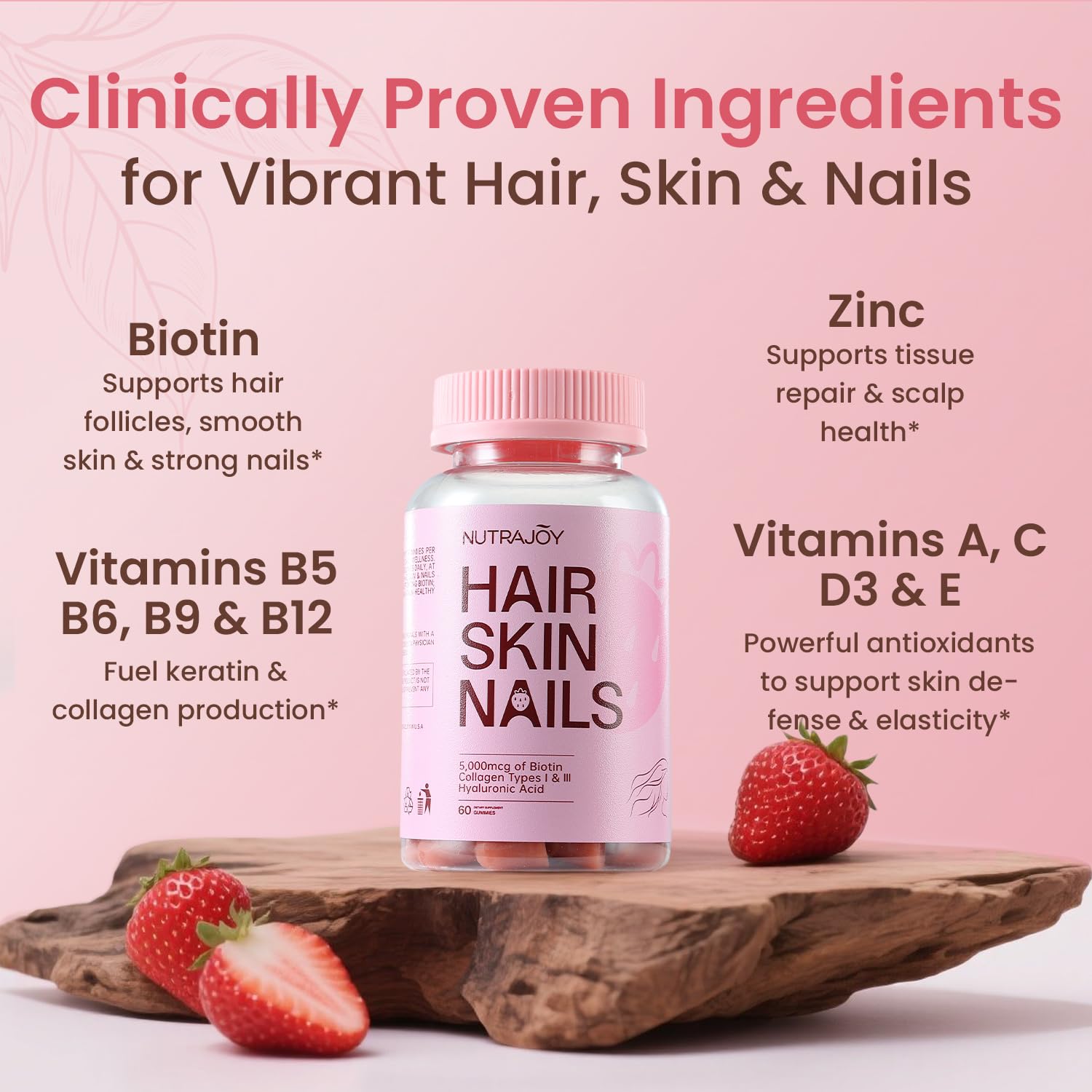 NUTRAJOY Biotin Gummies 5000 mcg – Hair Skin & Nails, Strawberry, 30 Gummies