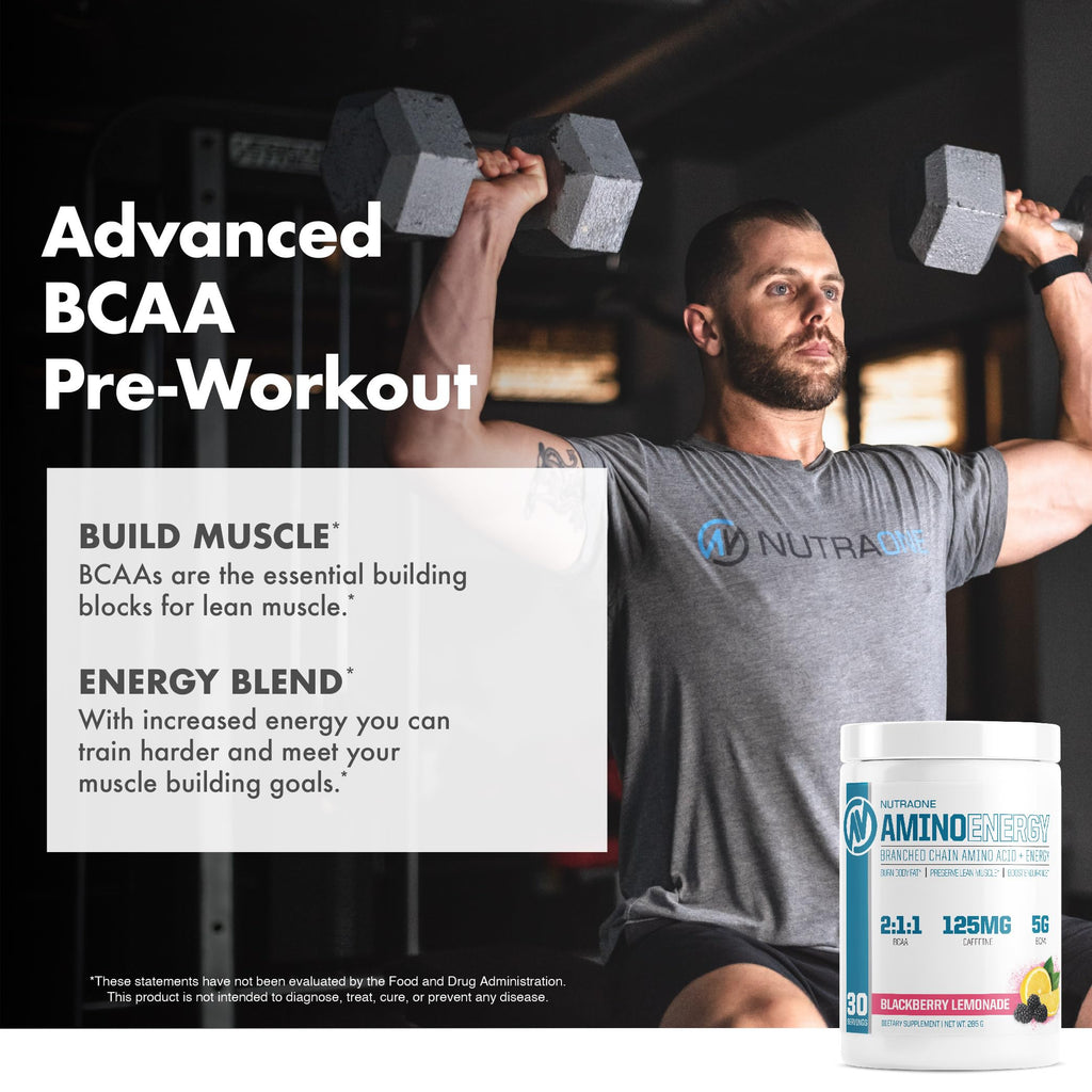 NutraOne Amino Energy BCAA Powder – Pre-Workout with Caffeine (Berry Lemonade, 30 Servings)