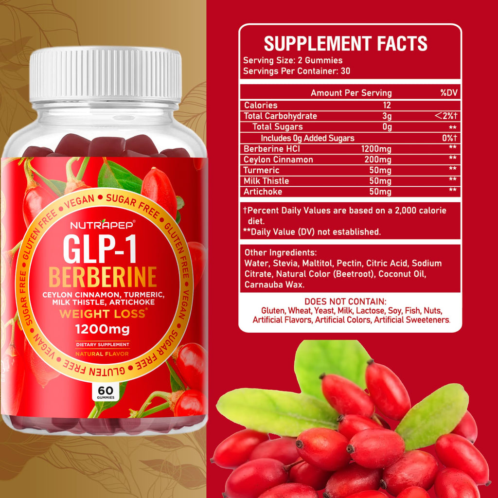 NutraPep Berberine HCl GLP-1 Gummies (1200mg) – Sugar Free, Gluten Free, High Potency GLP-1 Weight Loss Support