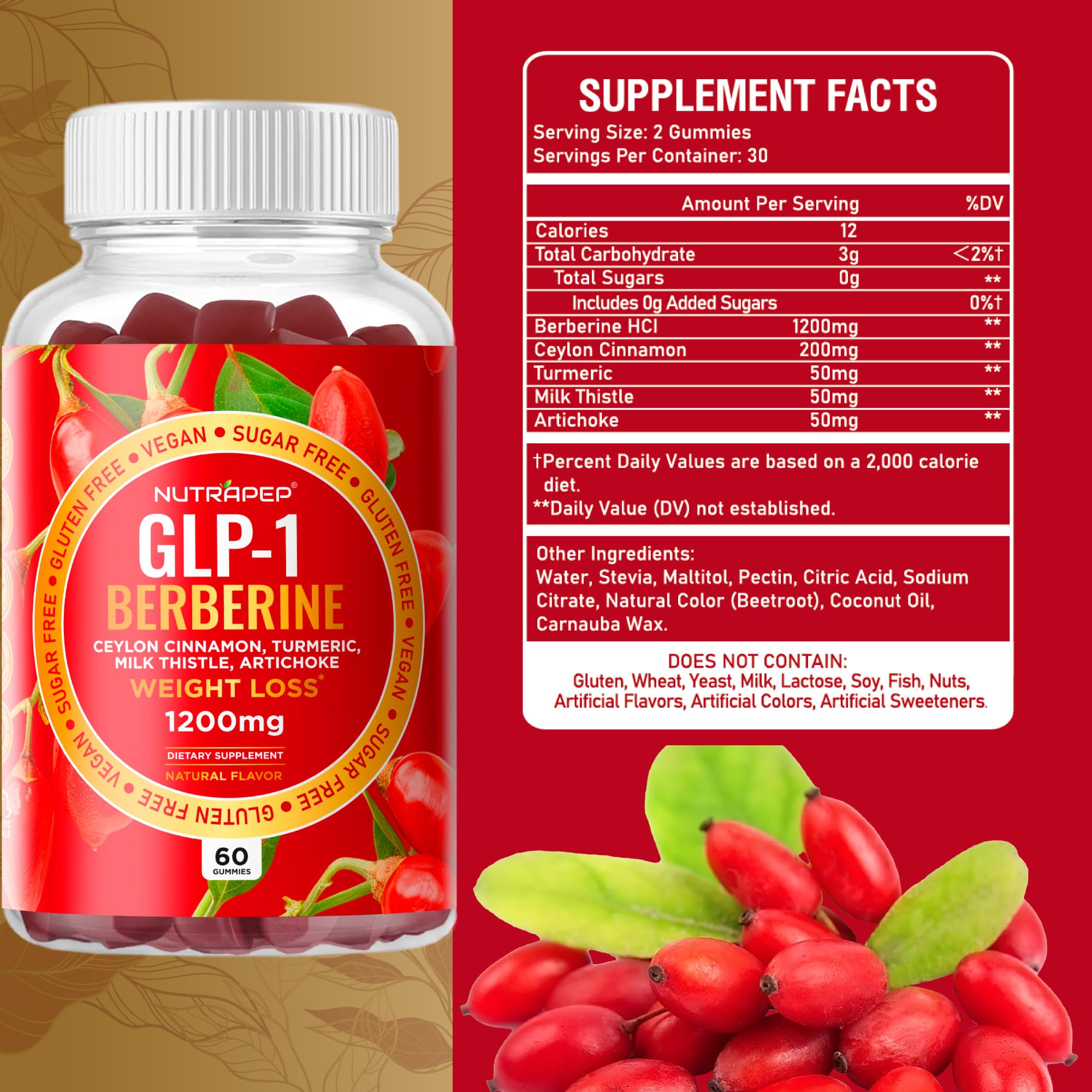 NutraPep Berberine HCl GLP-1 Gummies (1200mg) – Sugar Free, Gluten Free, High Potency GLP-1 Weight Loss Support