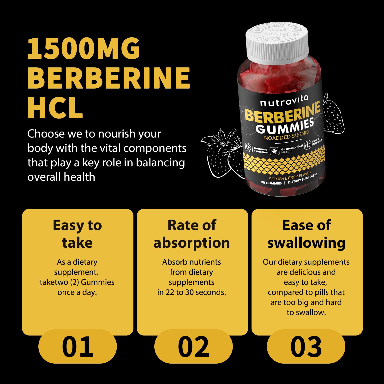 Nutravita Berberine Gummies 1500mg – Sugar Free Strawberry Flavor for Immune & Metabolism Support