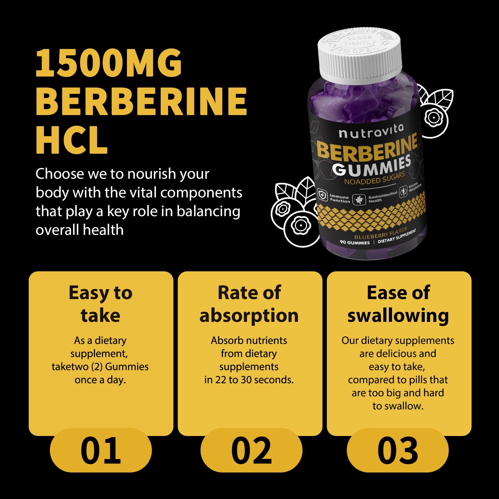 Nutravita Berberine Gummies with Ceylon Cinnamon - 1500mg Berberine HCl | Immune & Metabolism Support | Sugar Free Blueberry 1 Pack