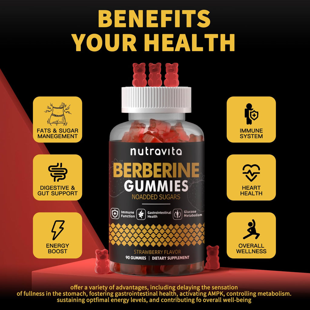 Nutravita Berberine Gummies 1500mg with Ceylon Cinnamon – Sugar Free Strawberry (2-Pack)