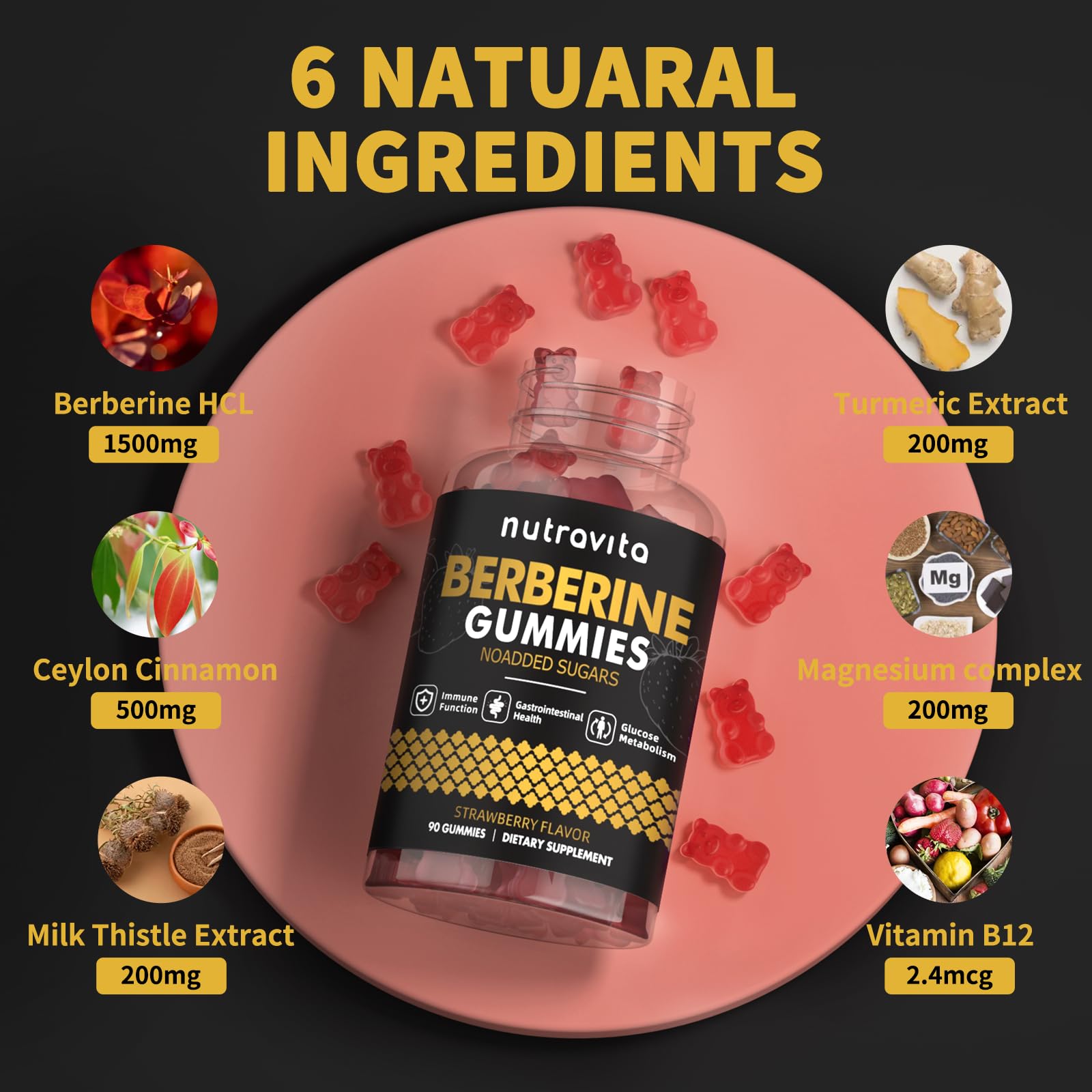 Nutravita Berberine Gummies 1500mg with Ceylon Cinnamon – Sugar Free Strawberry (2-Pack)