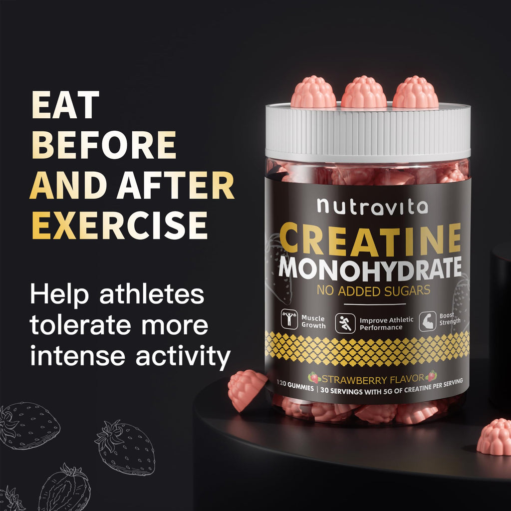Nutravita Creatine Monohydrate Gummies - Strawberry, Vegan, Sugar-Free, 120 Count