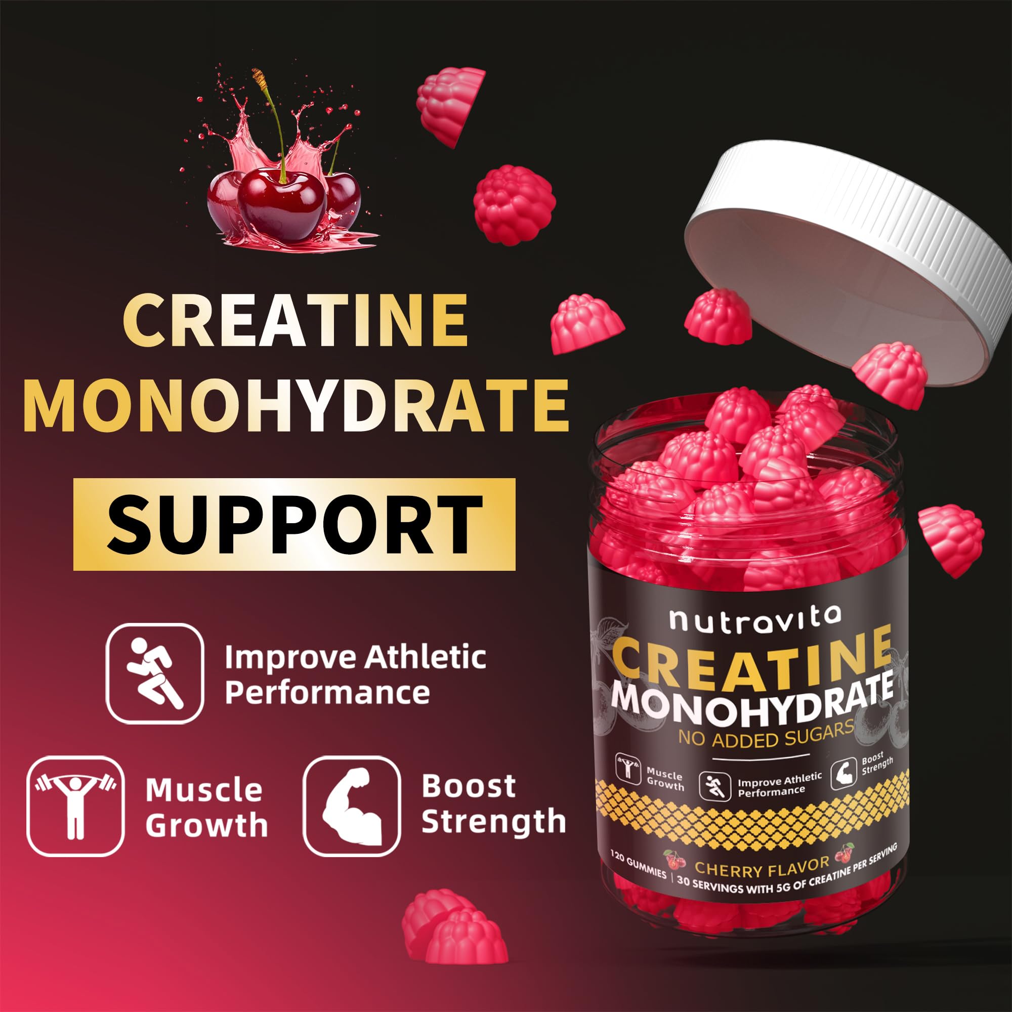 Nutravita Creatine Monohydrate Gummies – 5g per Serving, Vegan, Sugar Free, Cherry, 120 Count