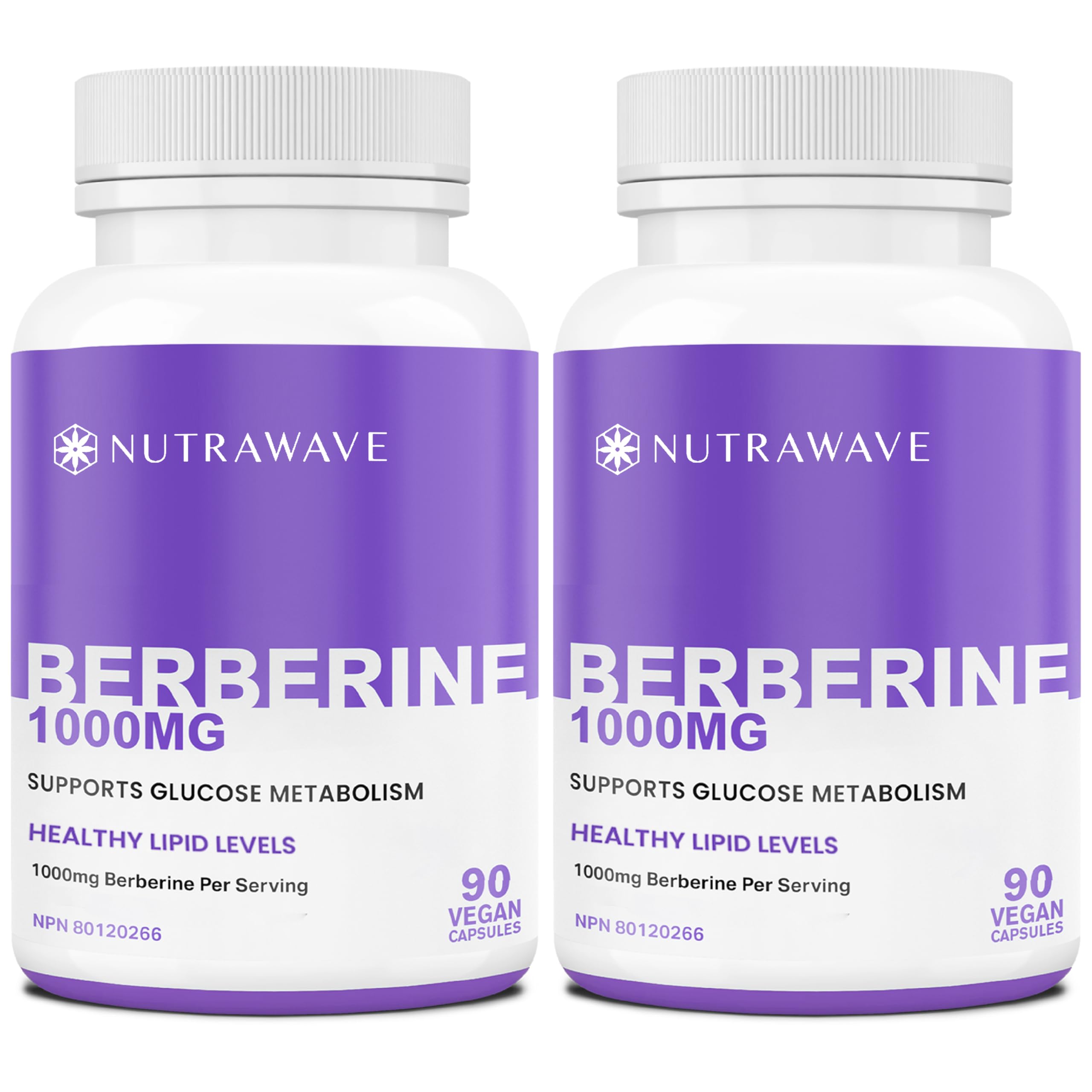 Nutra Wave Pure Berberine Maximum Potency 1000mg per Serving - 2-Pack (Vegan, Non-GMO)