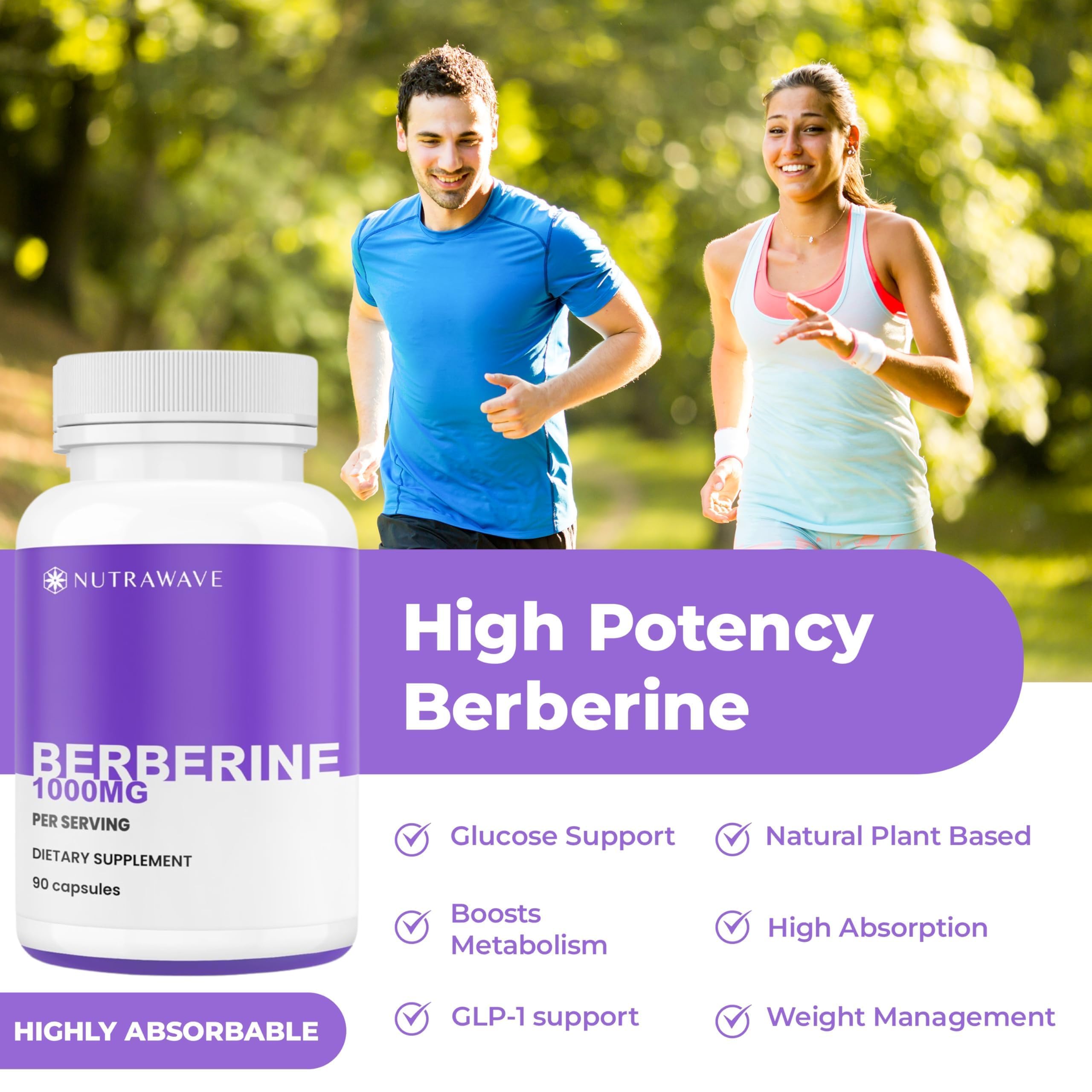 Nutra Wave Pure Berberine Maximum Potency 1000mg per Serving - 2-Pack (Vegan, Non-GMO)