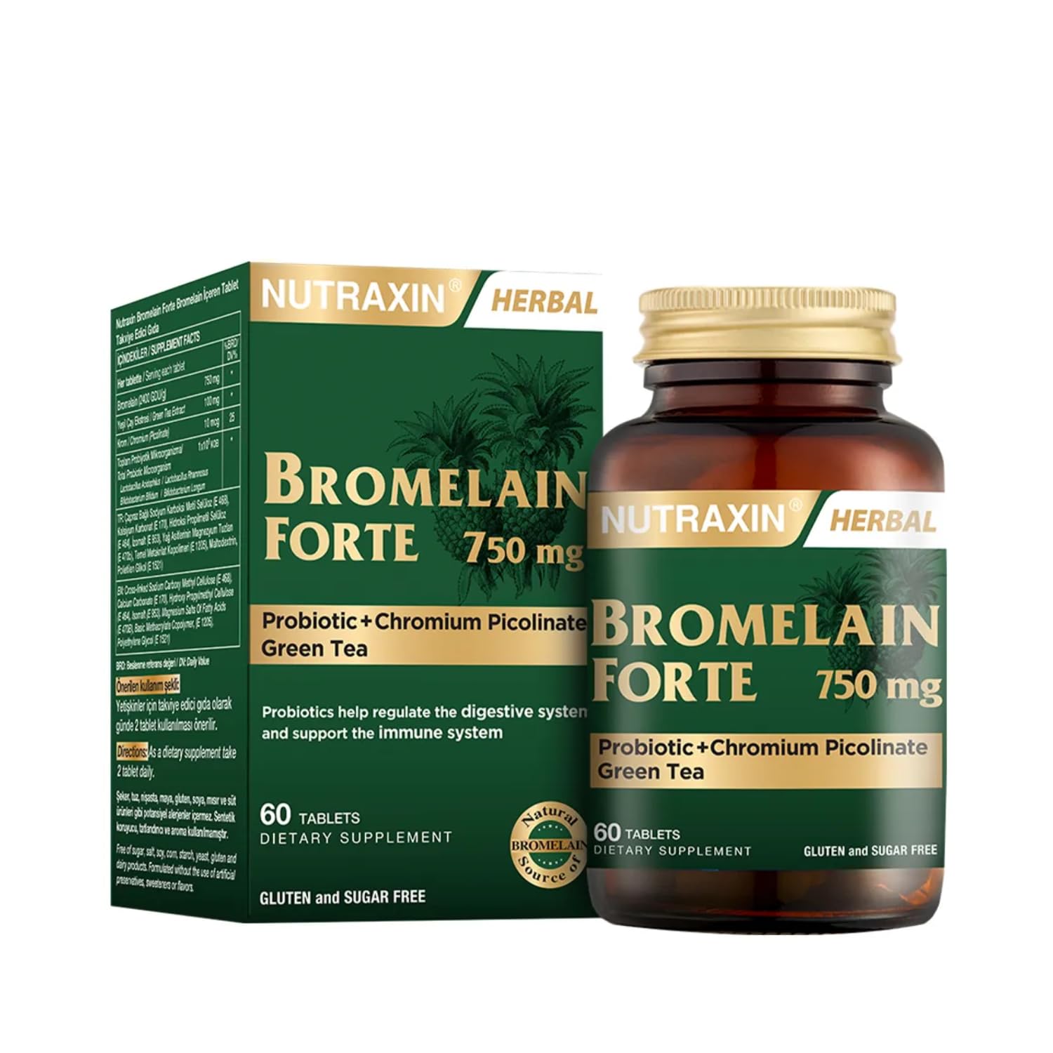 Nutraxin Bromelain Forte – 2400 GDU/g Bromelain with Green Tea Extract, Chromium & Probiotics | 60 Tablets