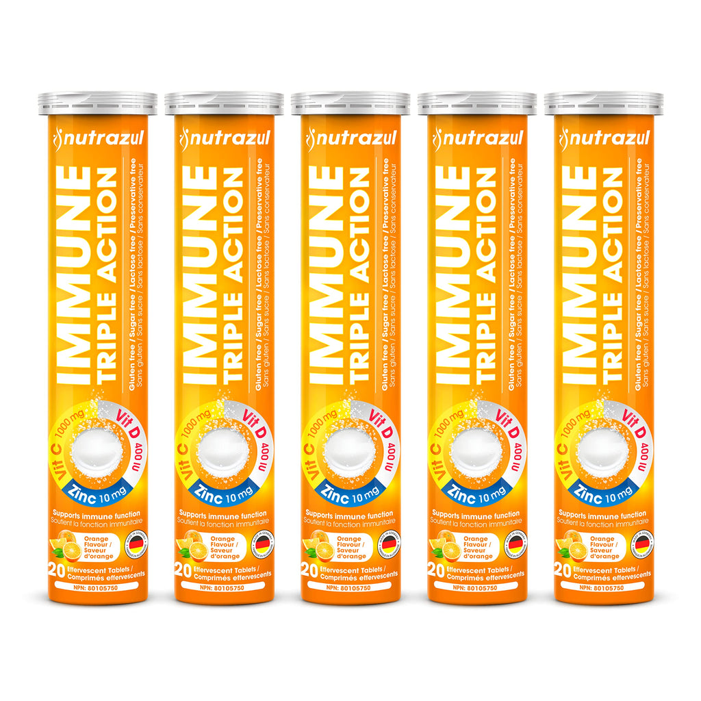 Nutrazul Immune Triple Action Effervescent Tablets – Vitamin C 1000mg, Vitamin D 400IU, Zinc 10mg | Orange Flavor