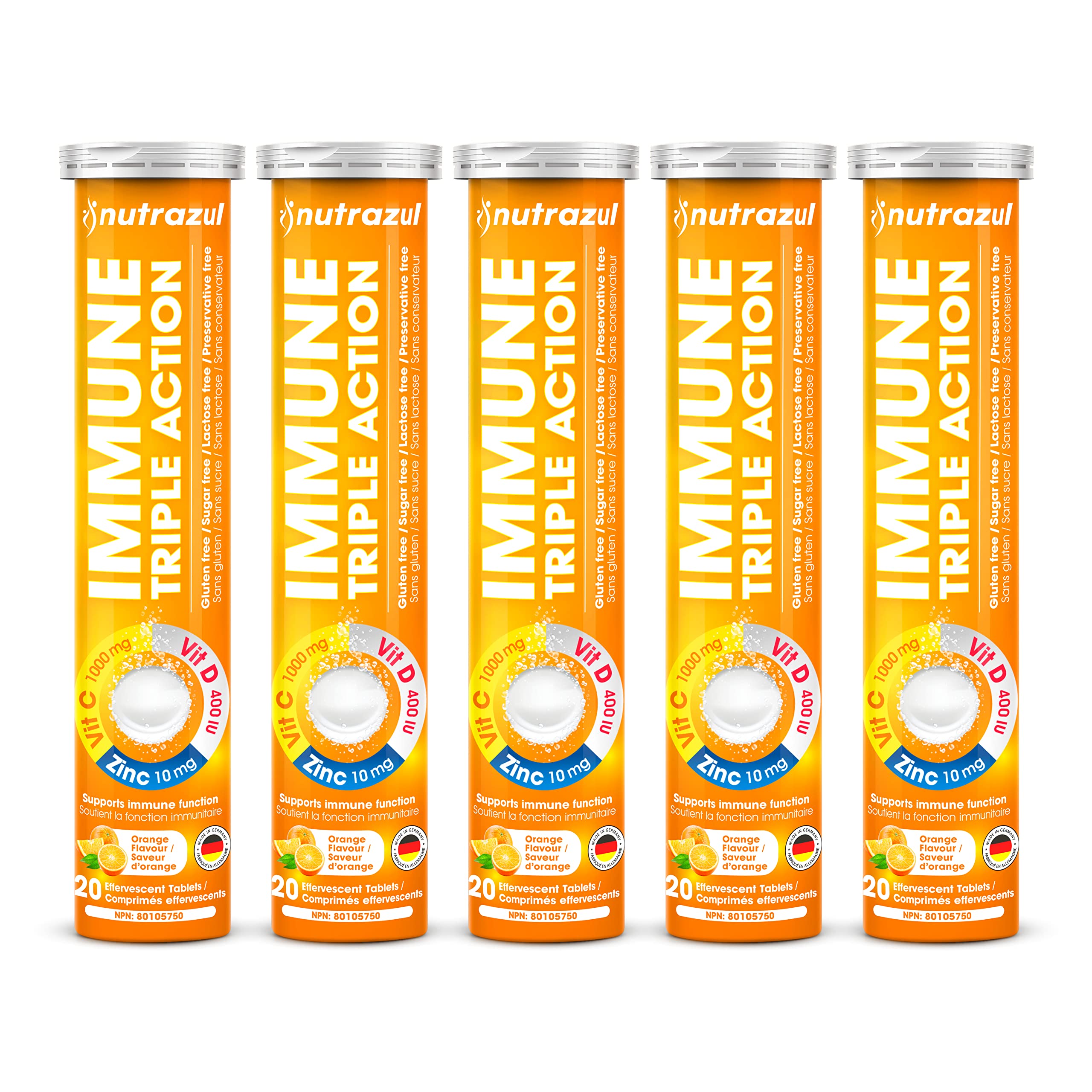 Nutrazul Immune Triple Action Effervescent Tablets – Vitamin C 1000mg, Vitamin D 400IU, Zinc 10mg | Orange Flavor