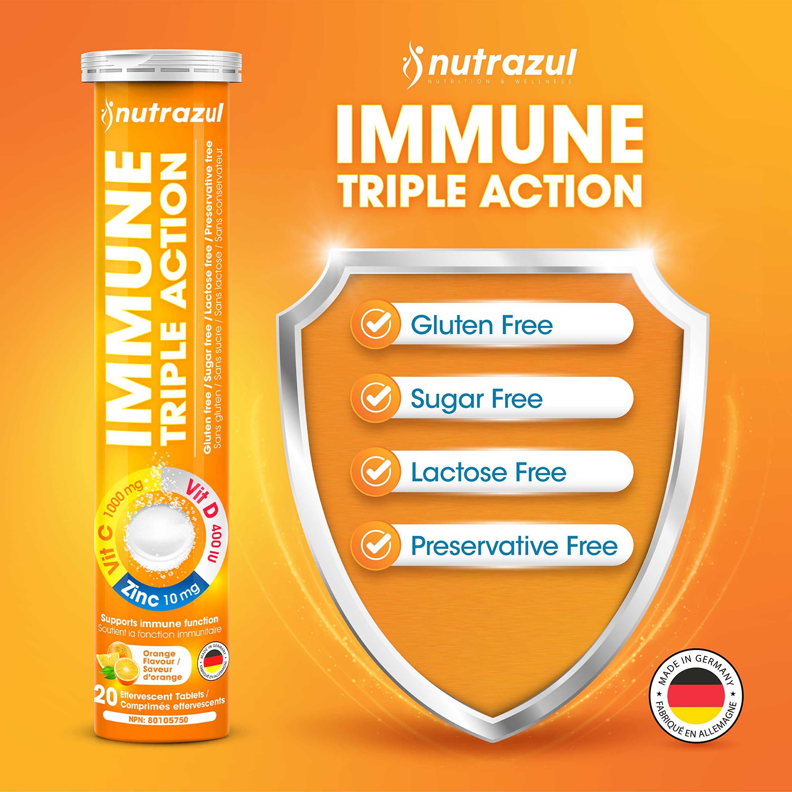 Nutrazul Immune Triple Action Effervescent Tablets – Vitamin C 1000mg, Vitamin D 400IU, Zinc 10mg | Orange Flavor
