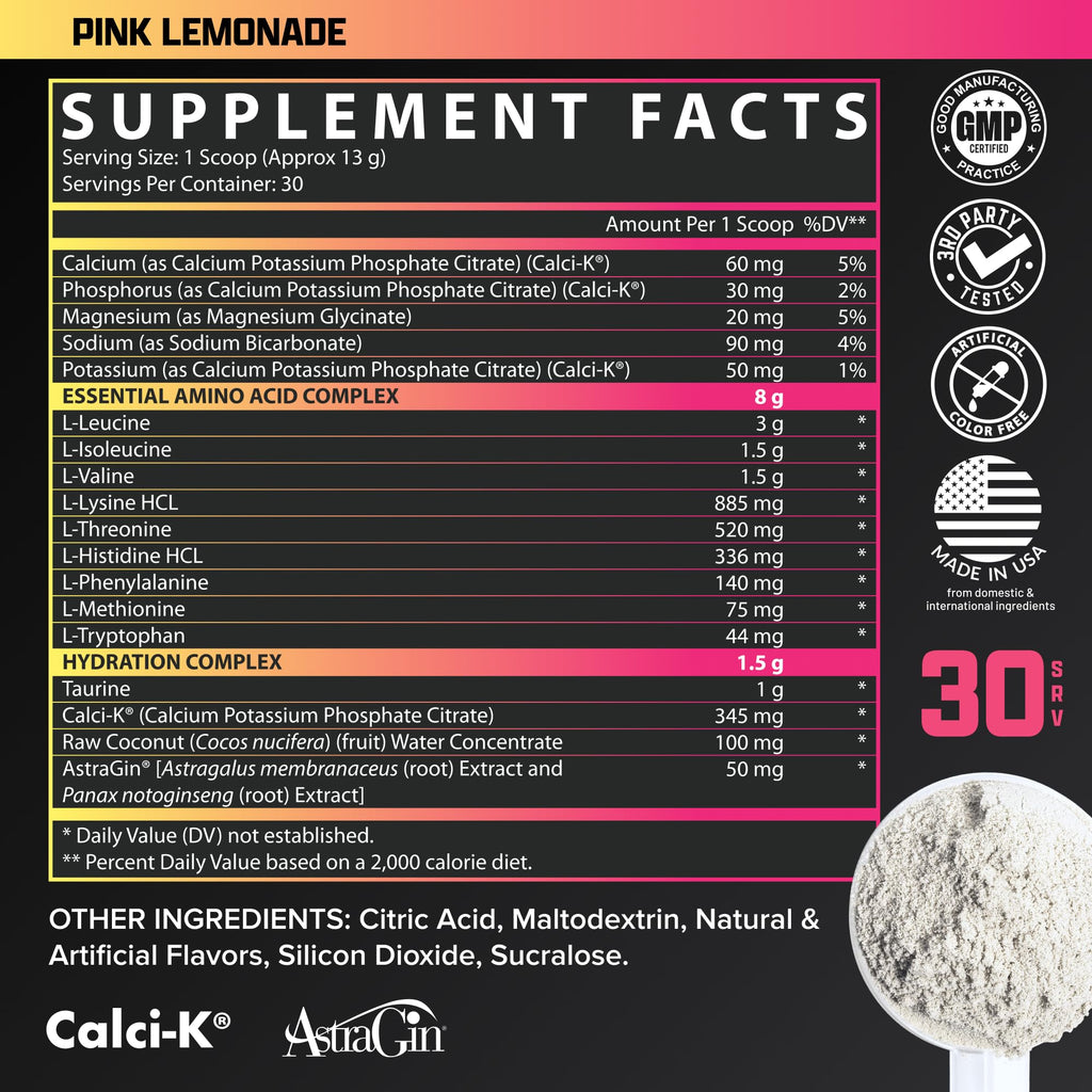 Nutrex Research EAA Hydration | 8G Essential Amino Acids + Electrolytes | EAAs + BCAA Powder | 30 Servings (Pink Lemonade)