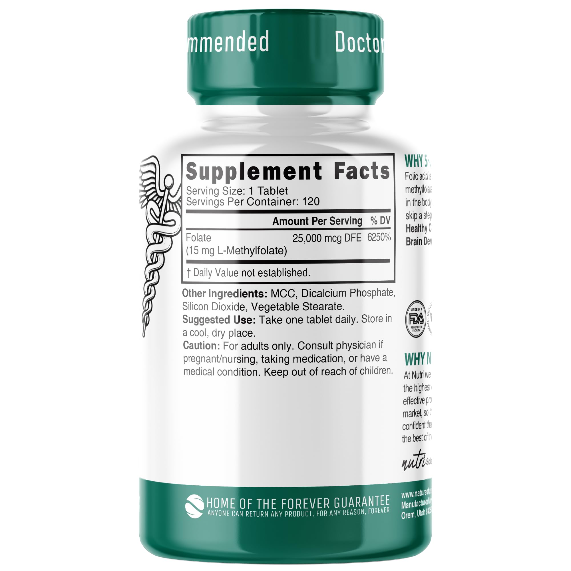5-MTHF L-Methylfolate 15mg - 120 Vegan Tablets | 3rd-Party Tested