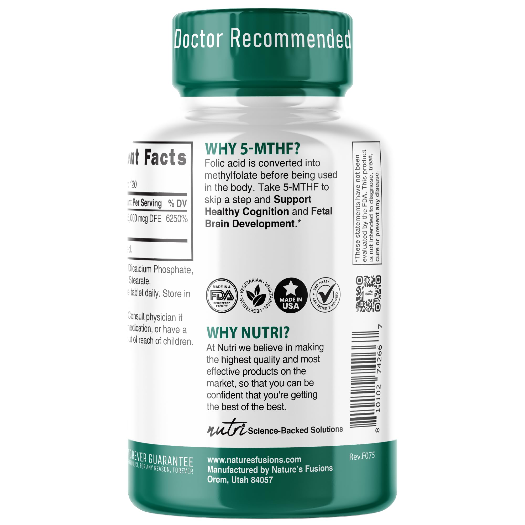 5-MTHF L-Methylfolate 15mg - 120 Vegan Tablets | 3rd-Party Tested