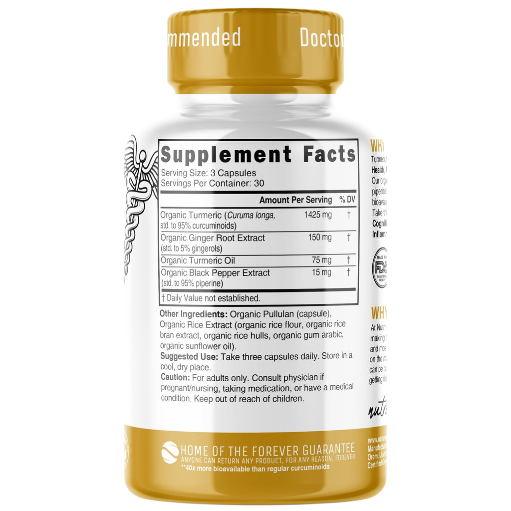 Nutri Organic Turmeric Curcumin 1425mg – 40x More Bioavailable, 95% Curcuminoids, 3rd-Party Tested