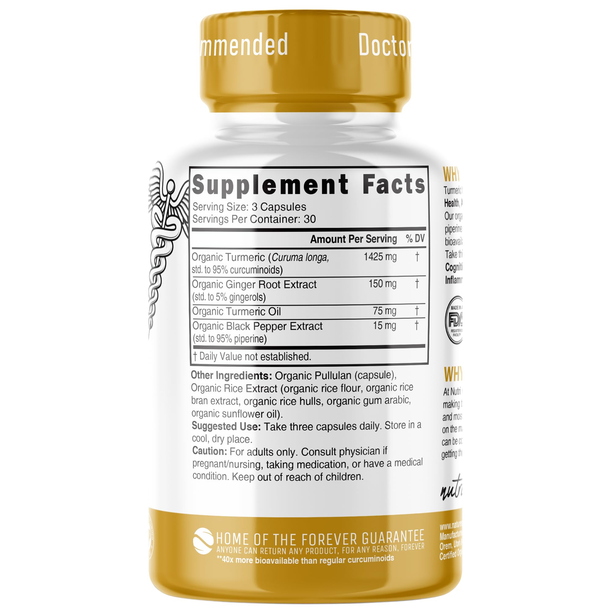 Nutri Organic Turmeric Curcumin 1425mg – 40x More Bioavailable, 95% Curcuminoids, 3rd-Party Tested