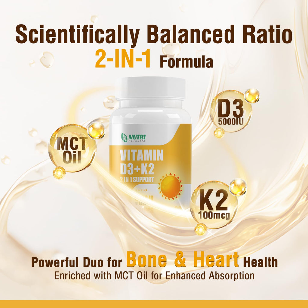 NUTRI POTENTIA Vitamin D3 K2 Softgels with MCT Oil - D3 5000 IU, K2 100 mcg MK-7, Gluten Free | 90 Count