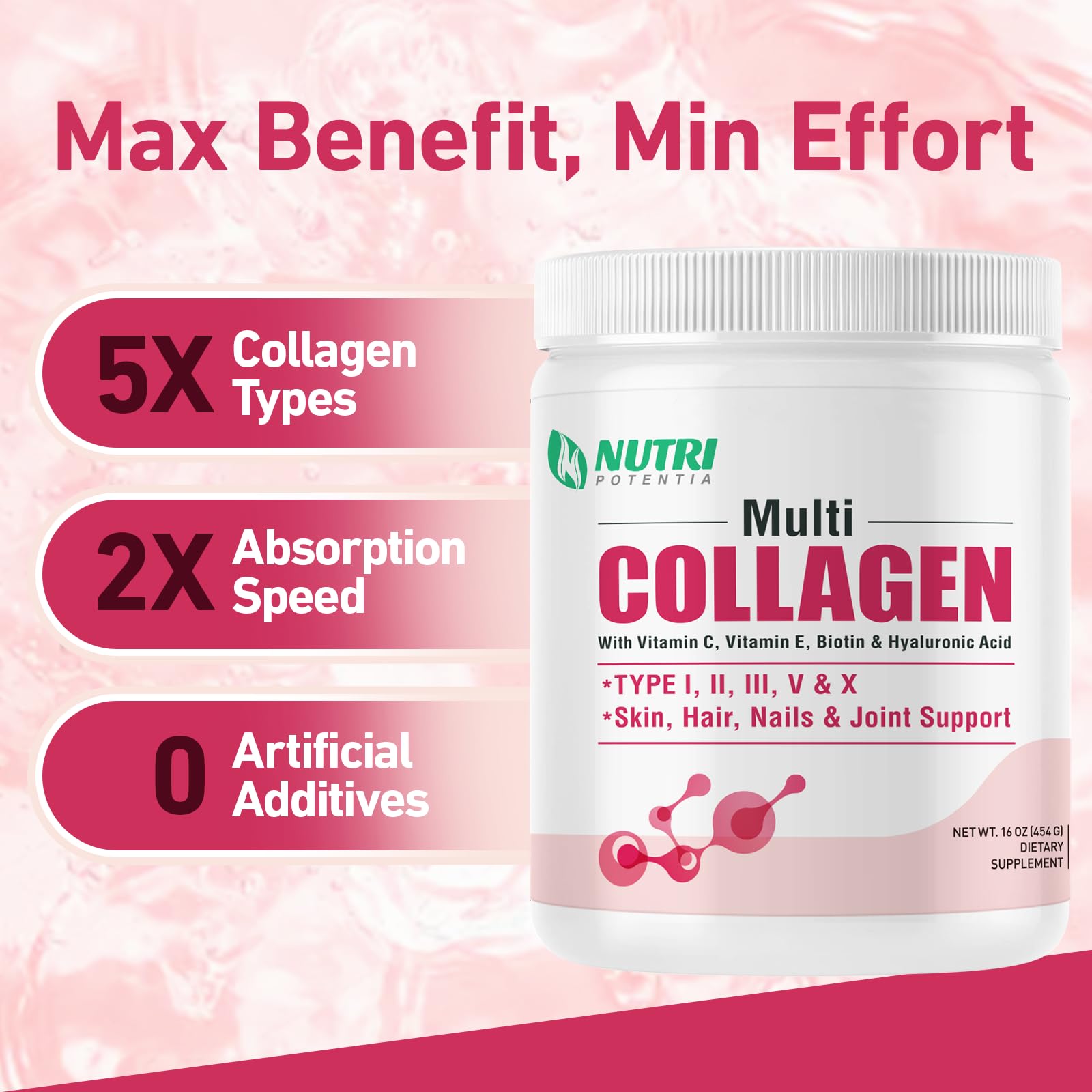 NUTRI POTENTIA Multi Collagen Peptides Powder – Unflavored, 45 Servings