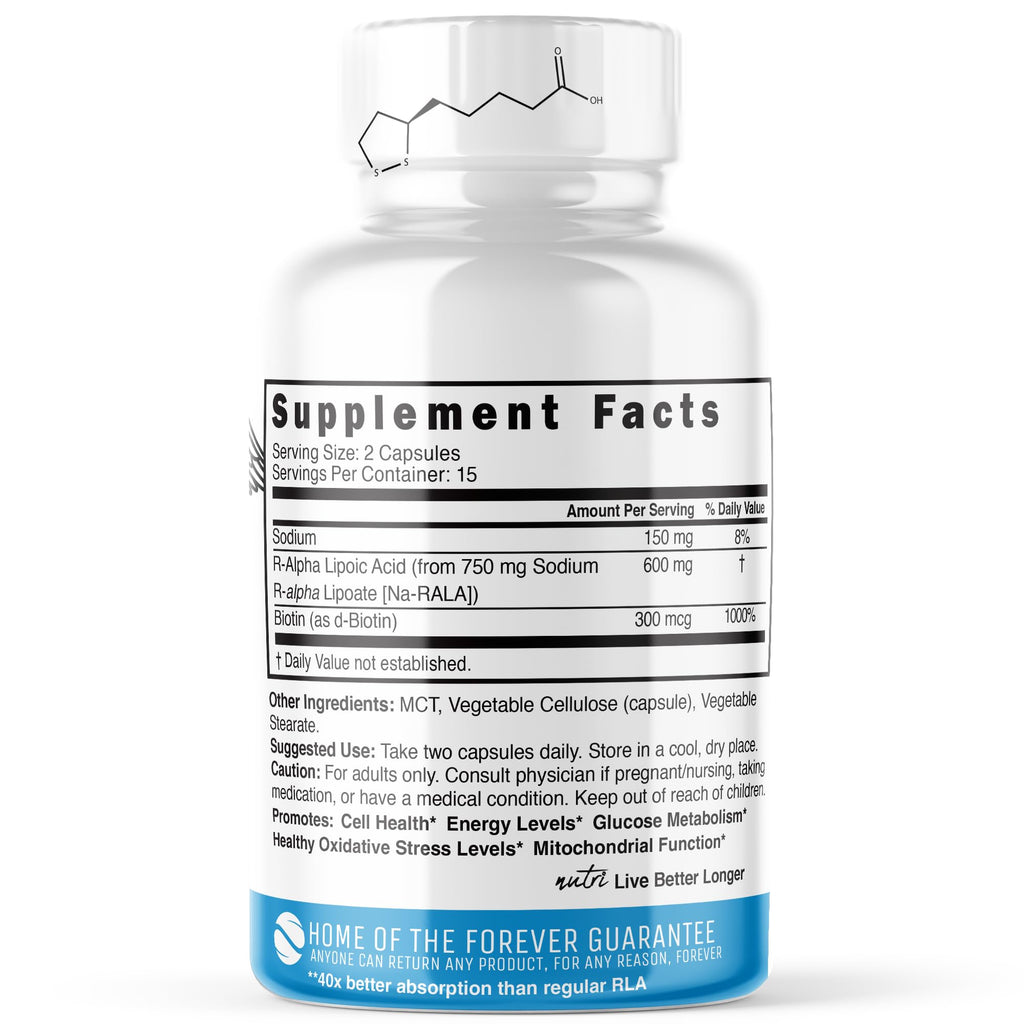 Nutri R Alpha Lipoic Acid 600mg Capsules | R-ALA + Biotin | 30 Vegan