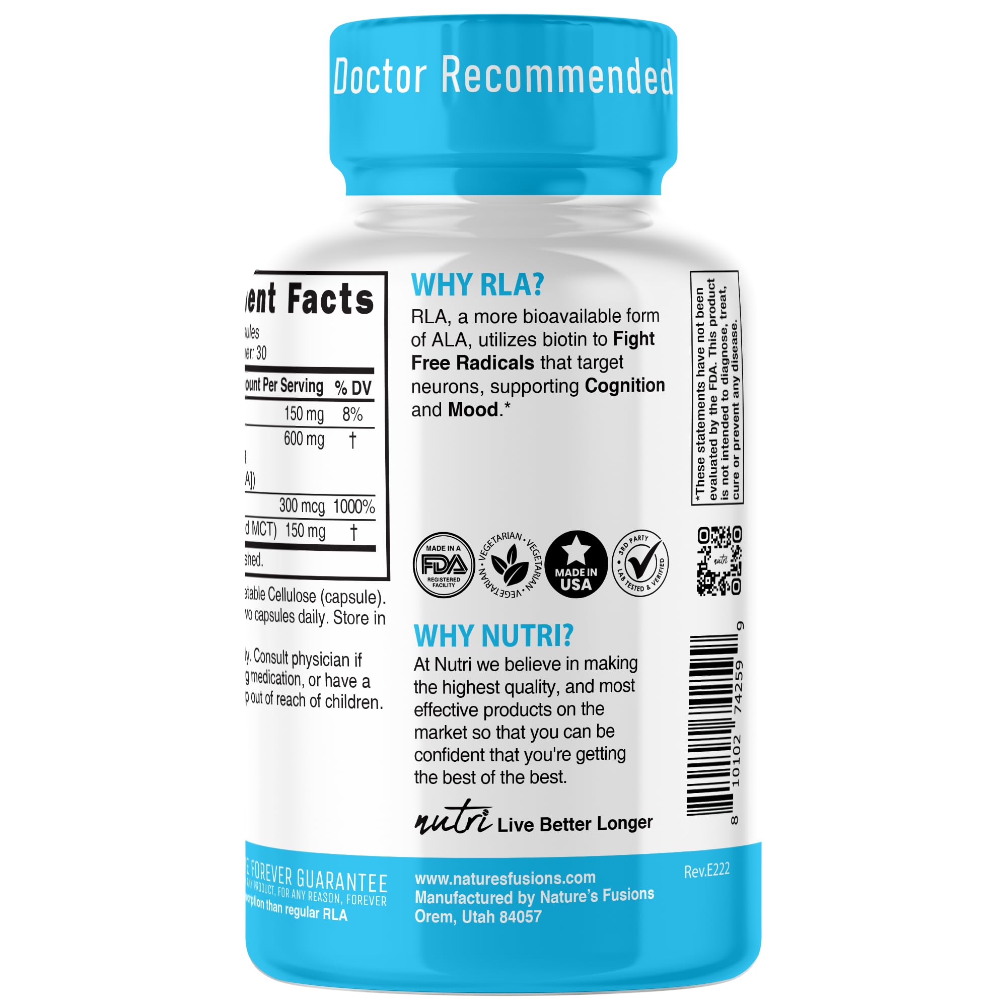 Nutri R Alpha Lipoic Acid 600mg Capsules - R-Lipoic Acid with Biotin | 60 Vegan Capsules | RALA