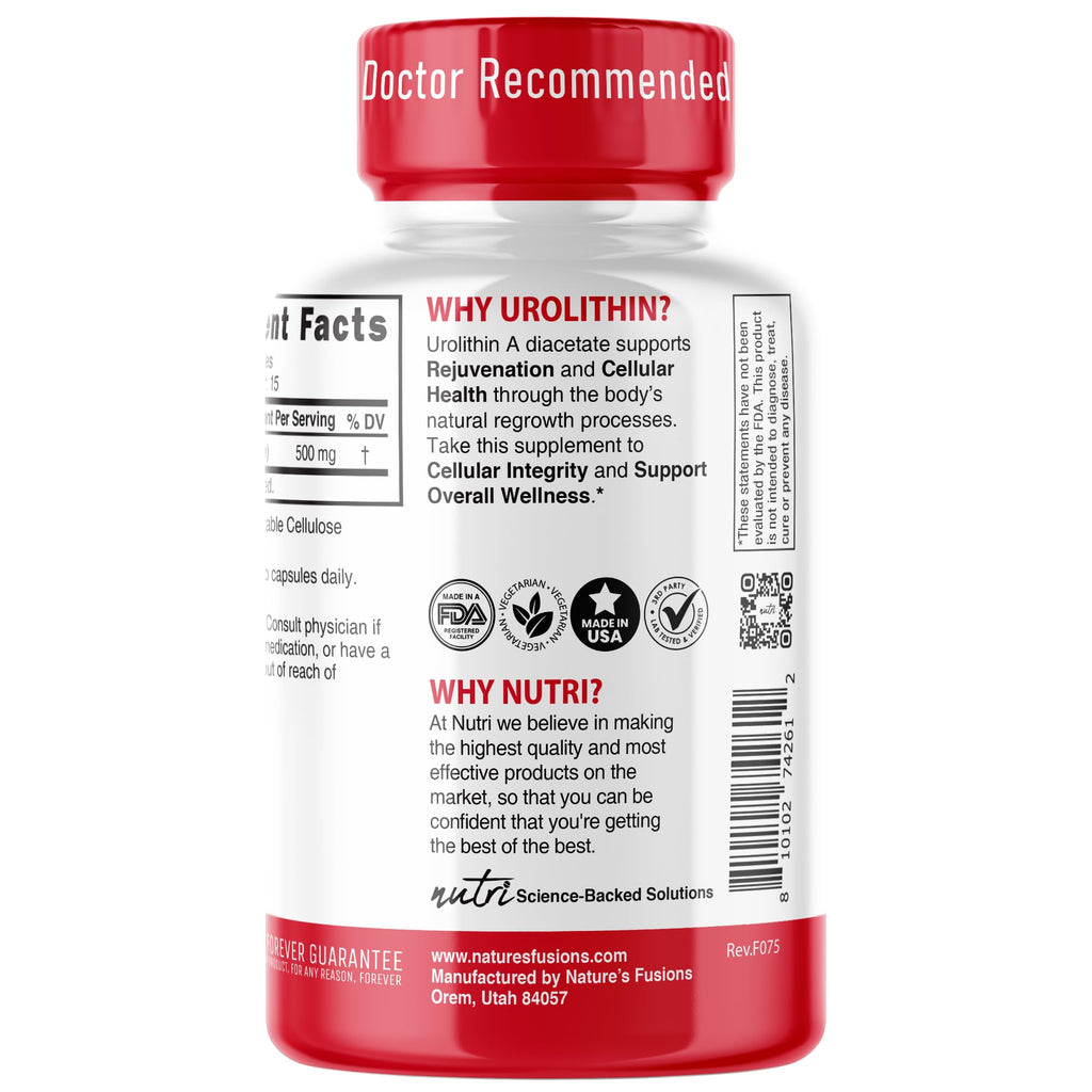 Nutri Urolithin A Supplement 500mg - NAD+ Boost, Antioxidant, 30 Vegan Capsules
