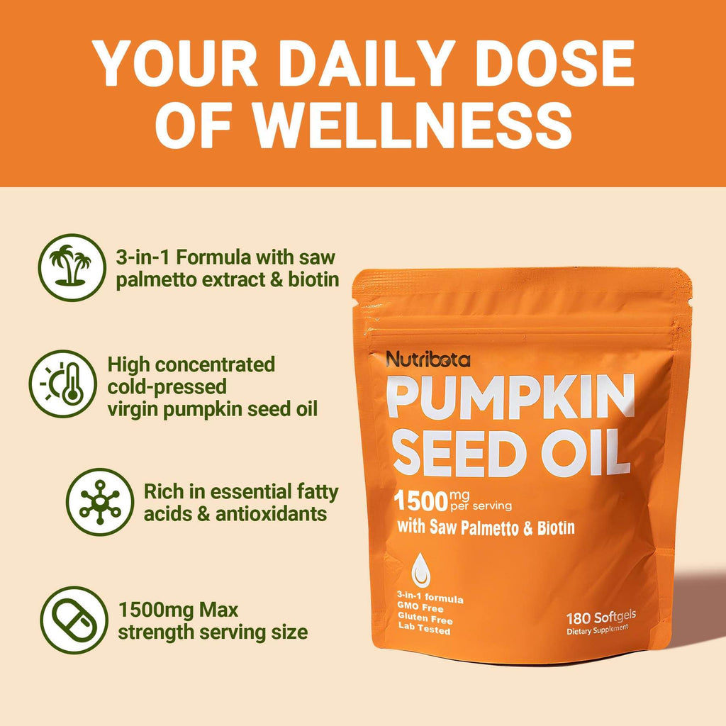 Nutribota Pumpkin Seed Oil Softgels 1500mg - Hair, Prostate & Urinary Health (180 Count)