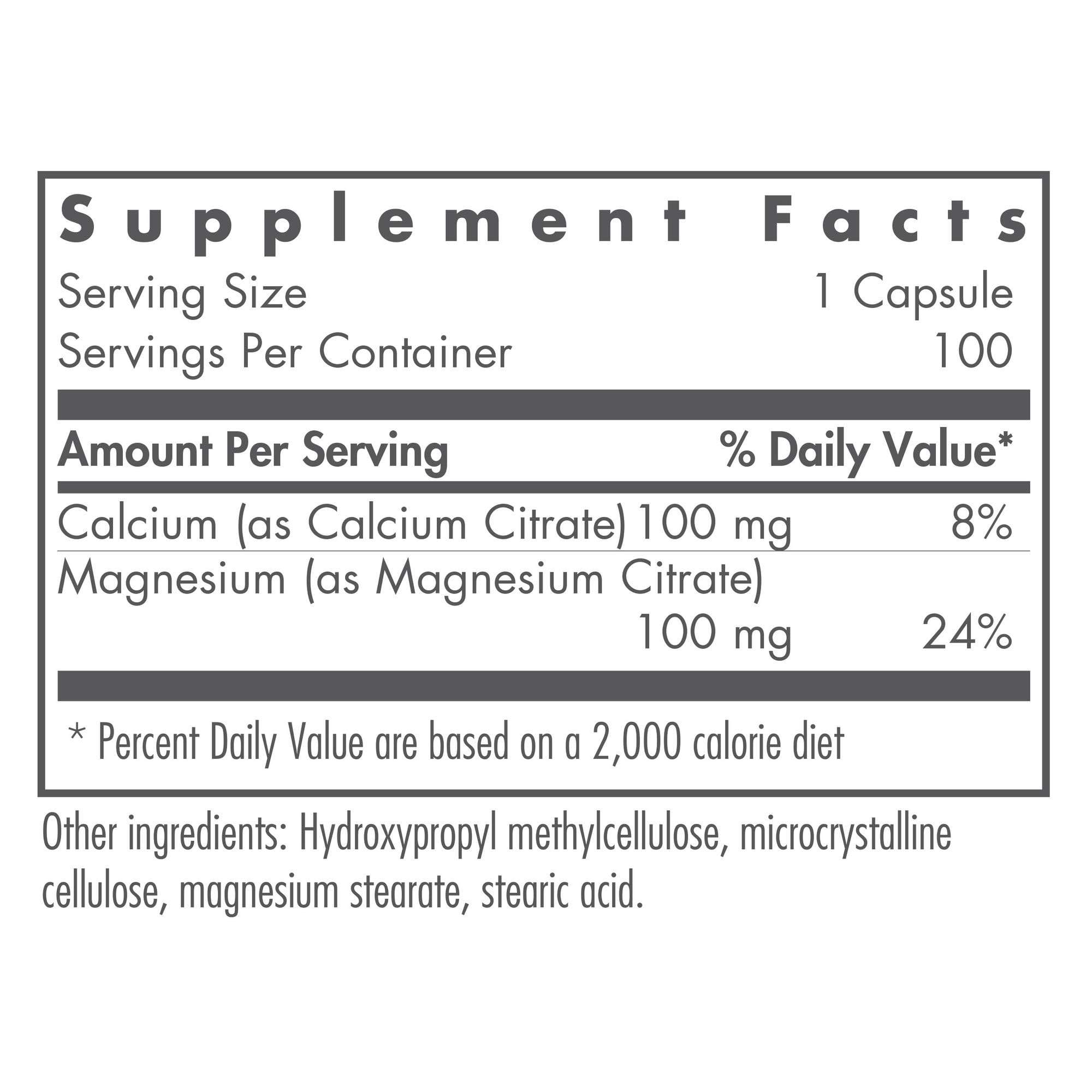 Nutricology Calcium Magnesium Citrate Supplement - Bone Health, Well-Absorbed Calcium Citrate, 100 Count Vegetarian Capsules