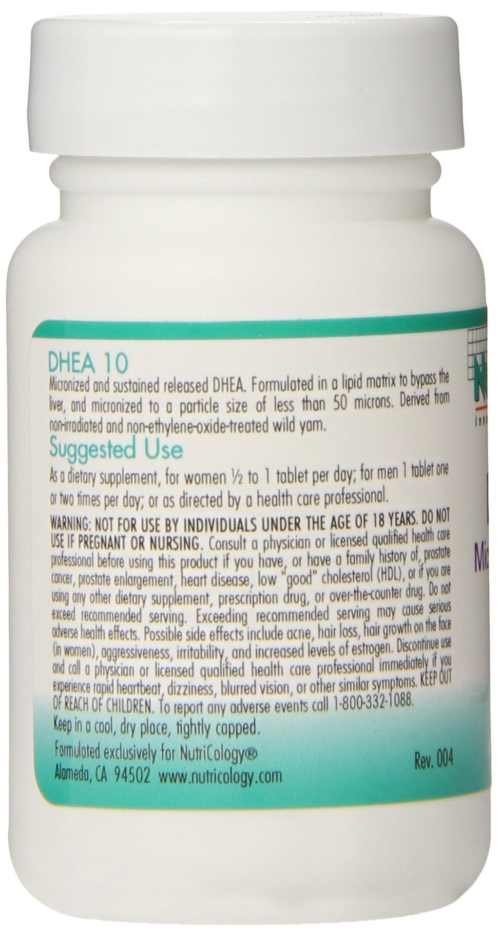 NutriCology DHEA 10 mg Sustained Release Tablets, 60 Count | Soy Free & Hypoallergenic