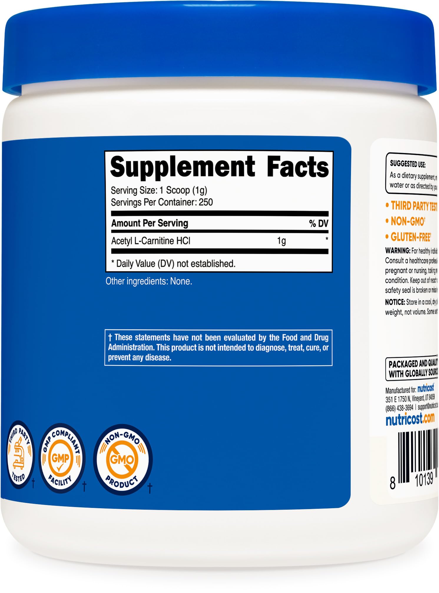 Nutricost Acetyl L-Carnitine (ALCAR) Powder – 250 g | 1 g Per Serving | 250 Servings