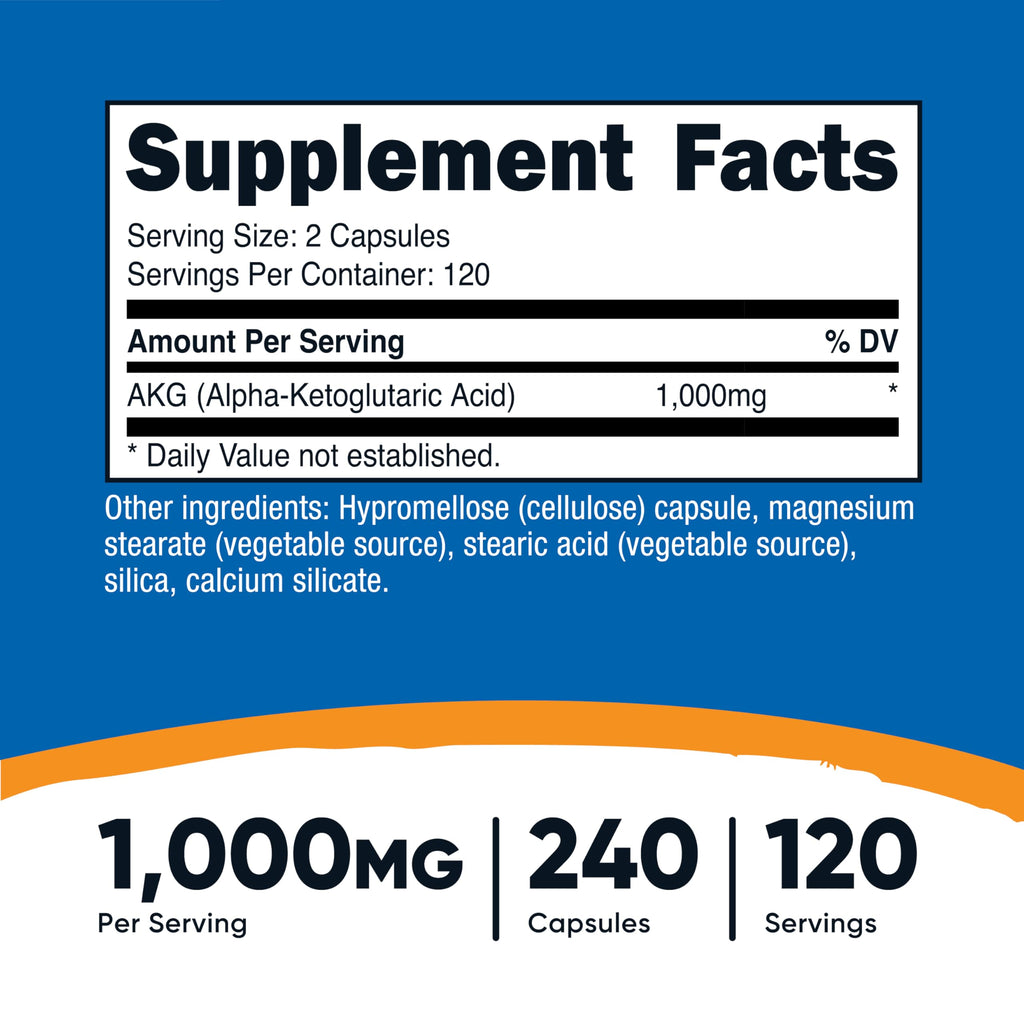 Nutricost AKG Alpha Ketoglutaric Acid 1,000 mg | 240 Capsules | 120 Servings | Energy Support