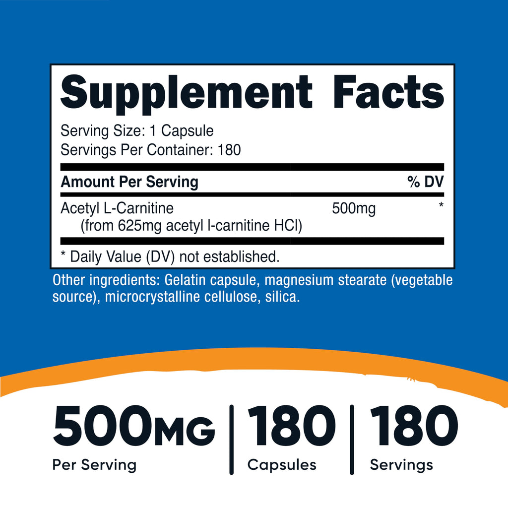 Nutricost Acetyl L-Carnitine (ALCAR) 500mg – 180 Capsules, 180 Servings | Non-GMO & Gluten Free