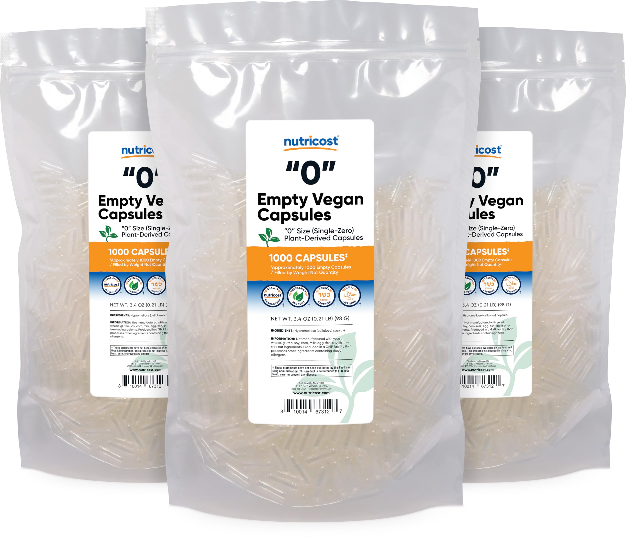 Nutricost Size 0 Empty Capsules - 1,000 Clear Plant-Based Capsules (Kosher, Halal, Non-GMO)