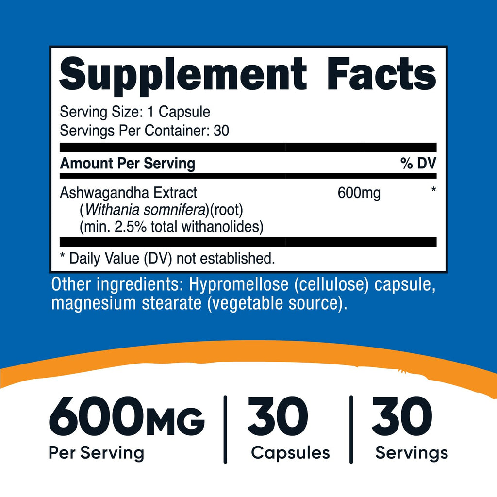 Nutricost Ashwagandha Root Extract 600mg - 30 Vegetarian Capsules | Non-GMO, Gluten Free