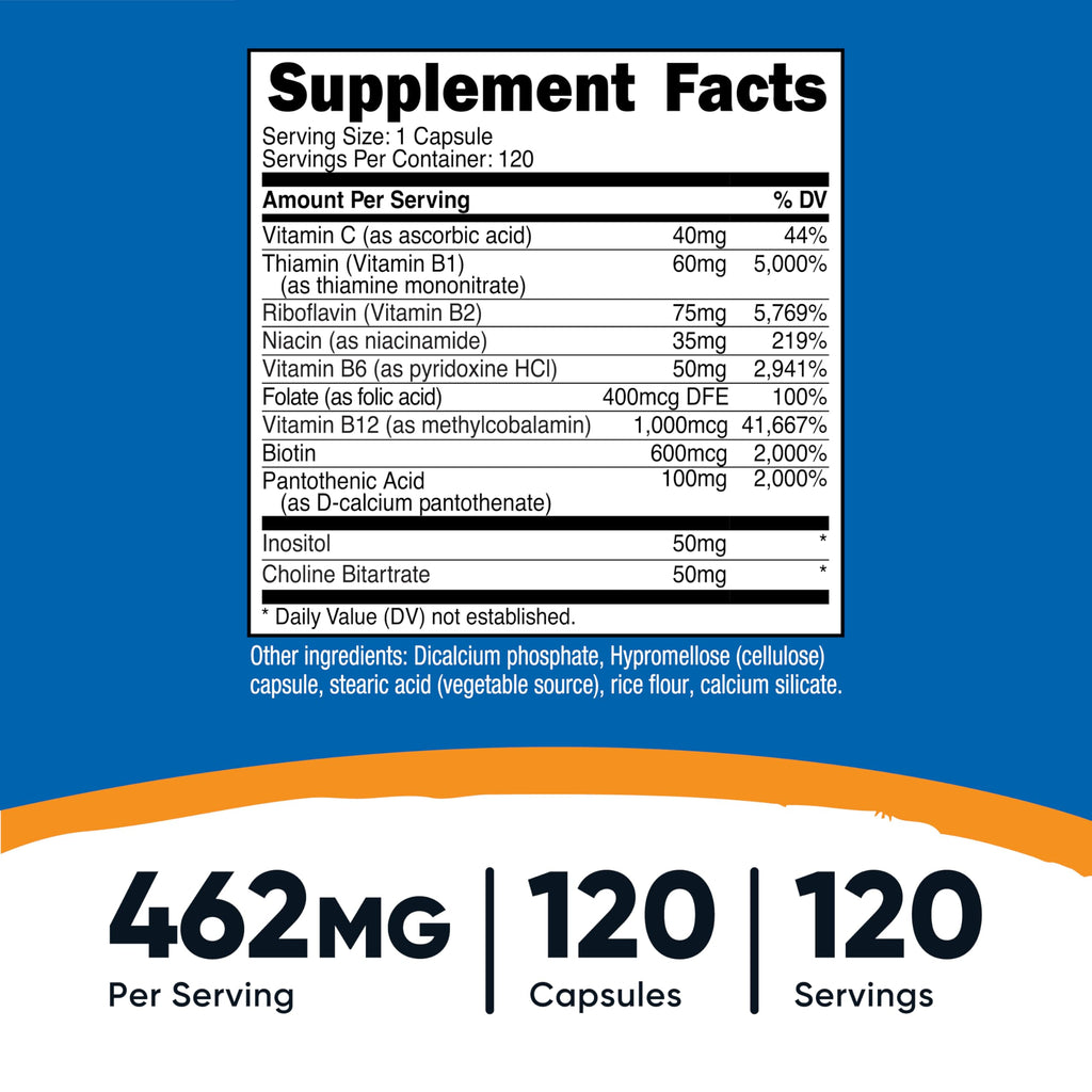 Nutricost High Potency Vitamin B Complex 462mg | 120 Veggie Capsules + Vitamin C
