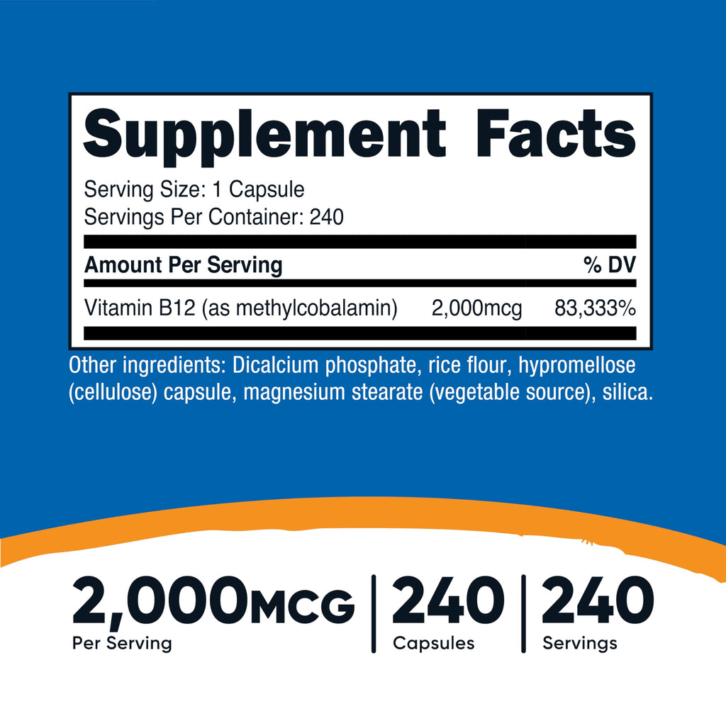 Nutricost Vitamin B12 (Methylcobalamin) 2000mcg – 240 Vegetarian Capsules