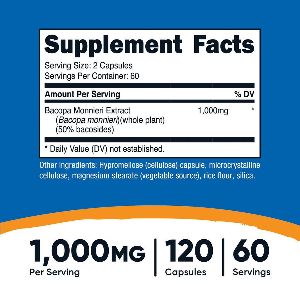 Nutricost Bacopa Monnieri 1000mg – 120 Capsules (60 Servings) – Pack of 2