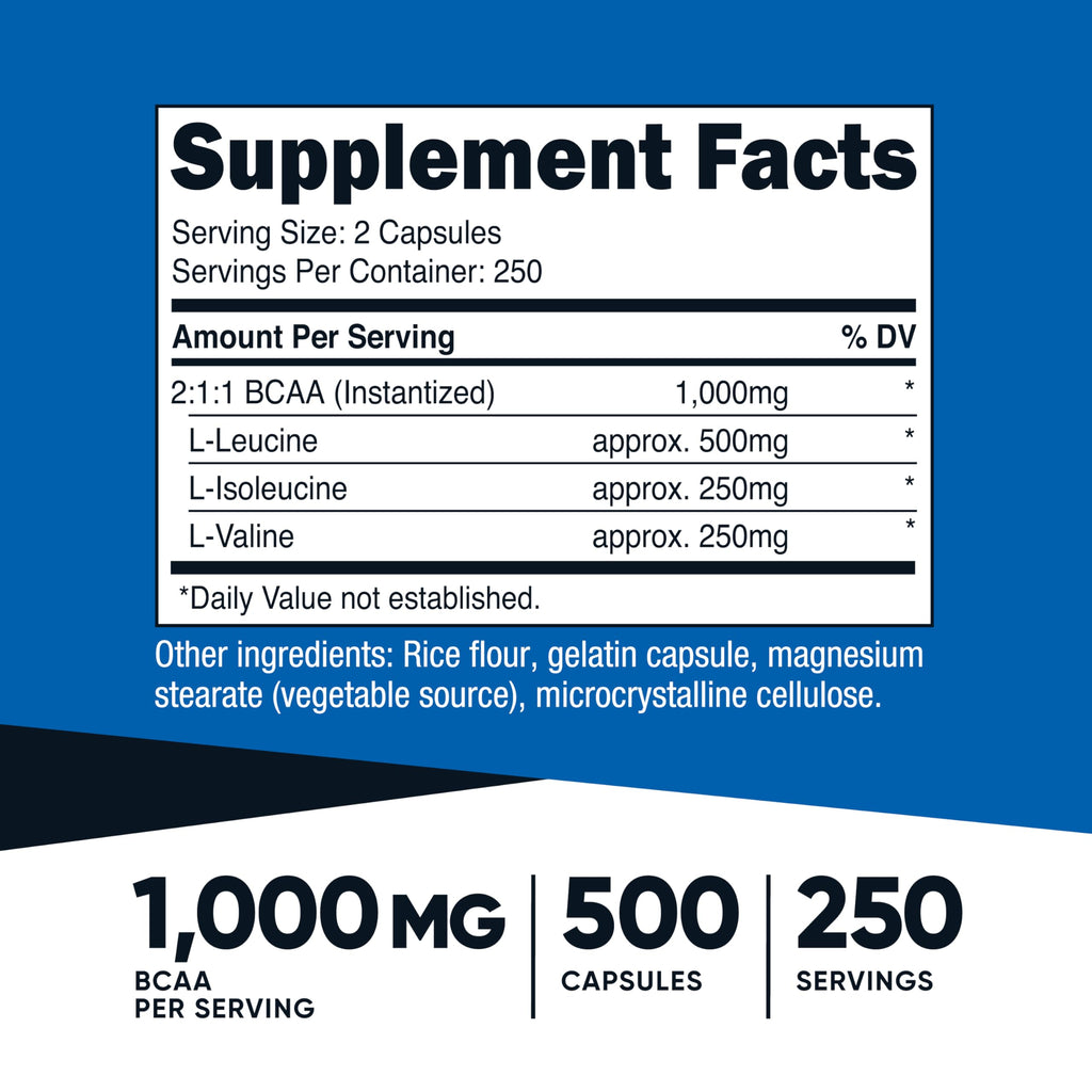 Nutricost BCAA 1000mg – 500 Capsules | 2:1:1 BCAA Formula