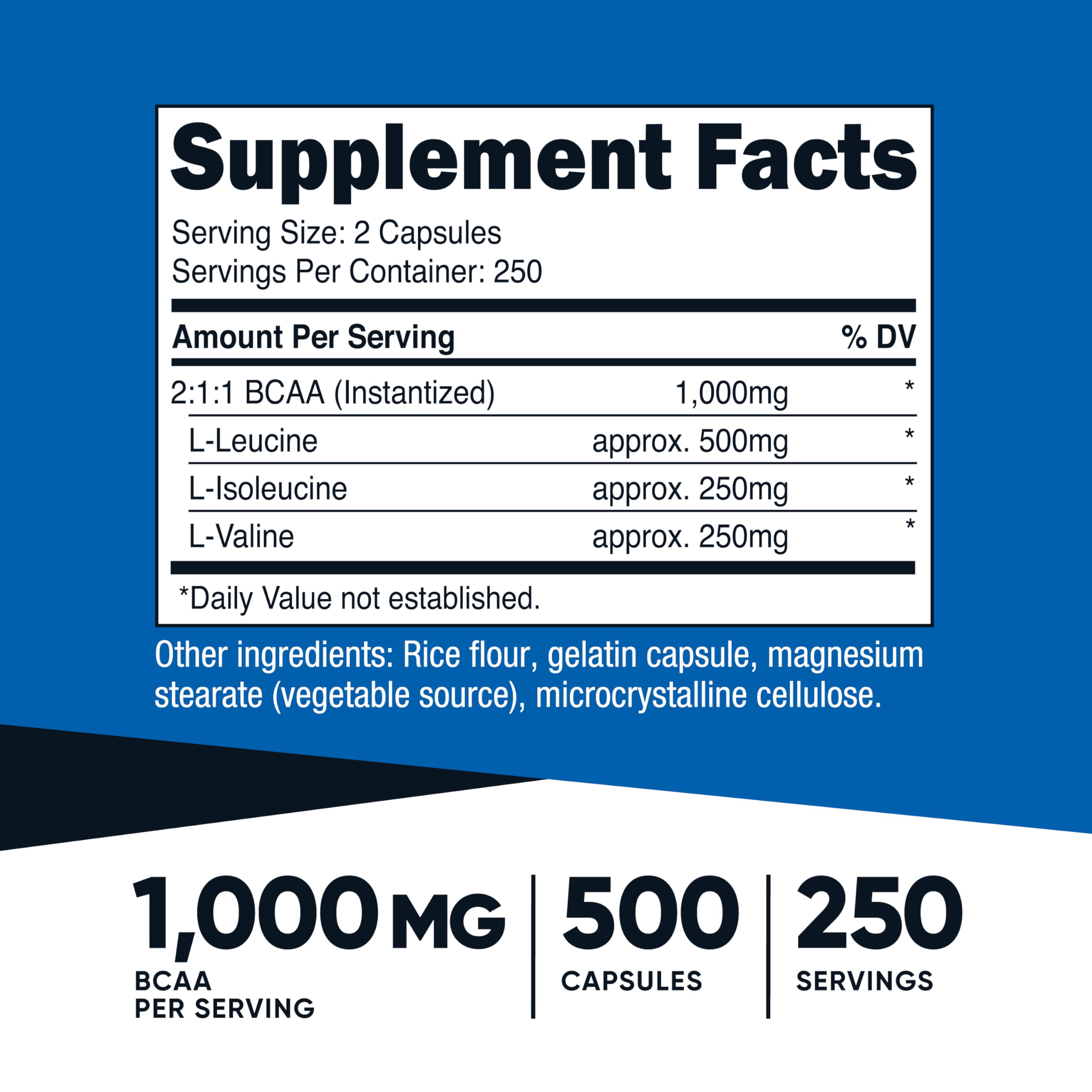 Nutricost BCAA 1000mg – 500 Capsules | 2:1:1 BCAA Formula