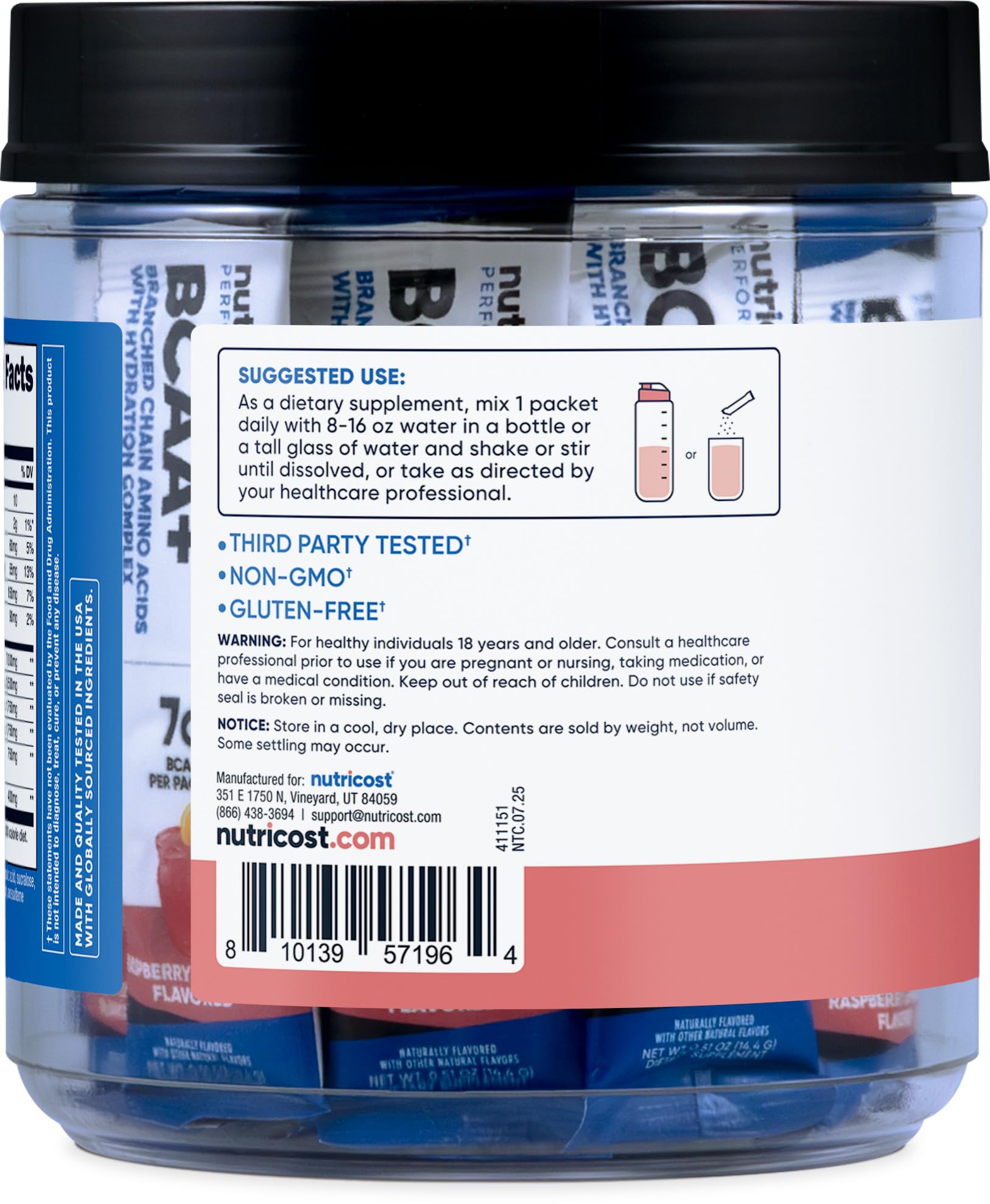 Nutricost BCAA+ Hydration Raspberry Lemonade - 20 Stickpacks (Gluten-Free, Non-GMO)
